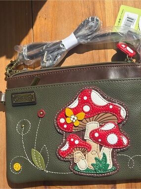 Chala Olive Green Crossbody Bag with Red Mushroom Appliqué
